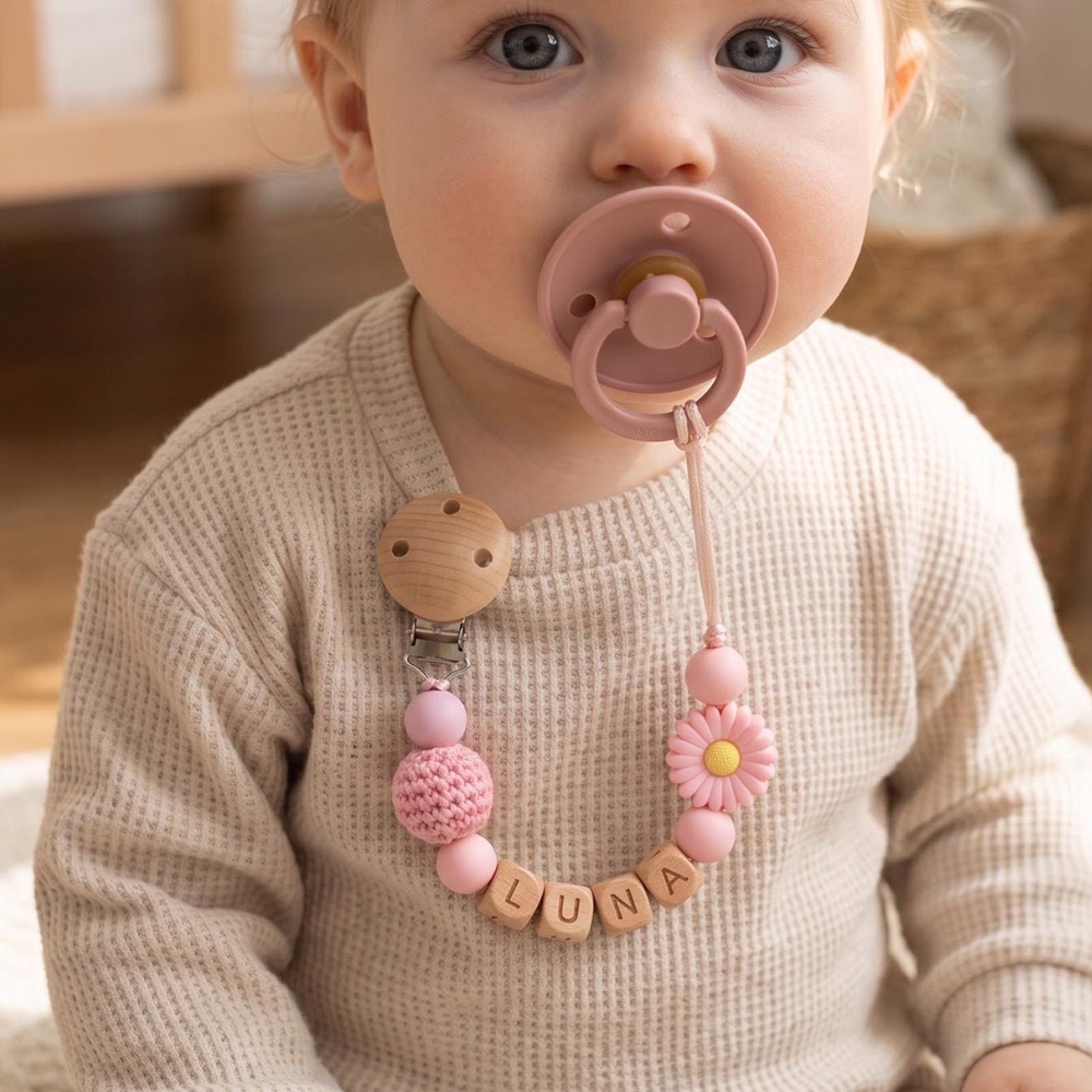 Natural Wooden Letter Beads Custom Pacifier Clip