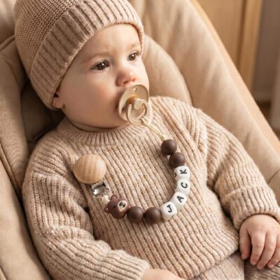 Cozy Crochet Bear Wood Custom Pacifier Clip