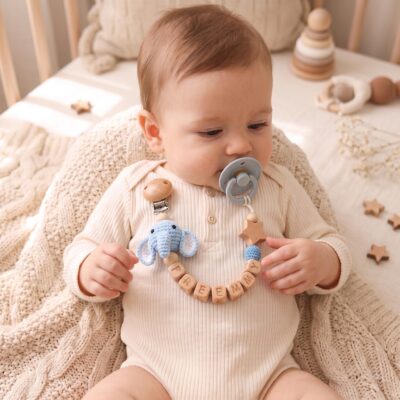 Playful Crochet Animal Name Custom Pacifier Clip
