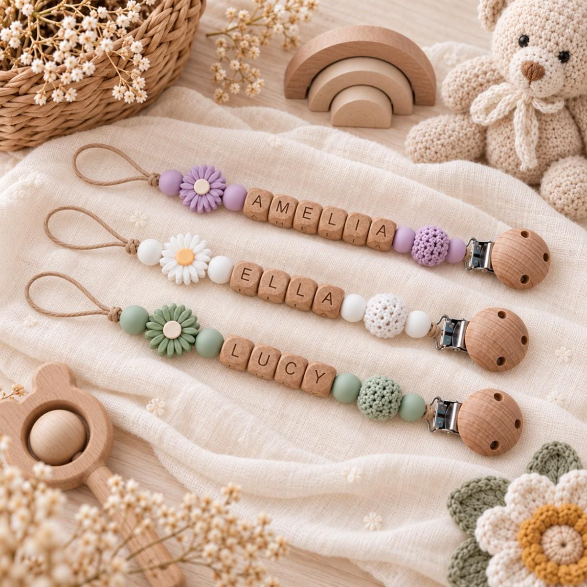 Floral Daisy Letter Beads Custom Pacifier Clip - Image 3